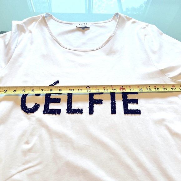 CÉLFIE in black beaded letters on white t-shirt Top - white stretchy fabric - Picture 10 of 14
